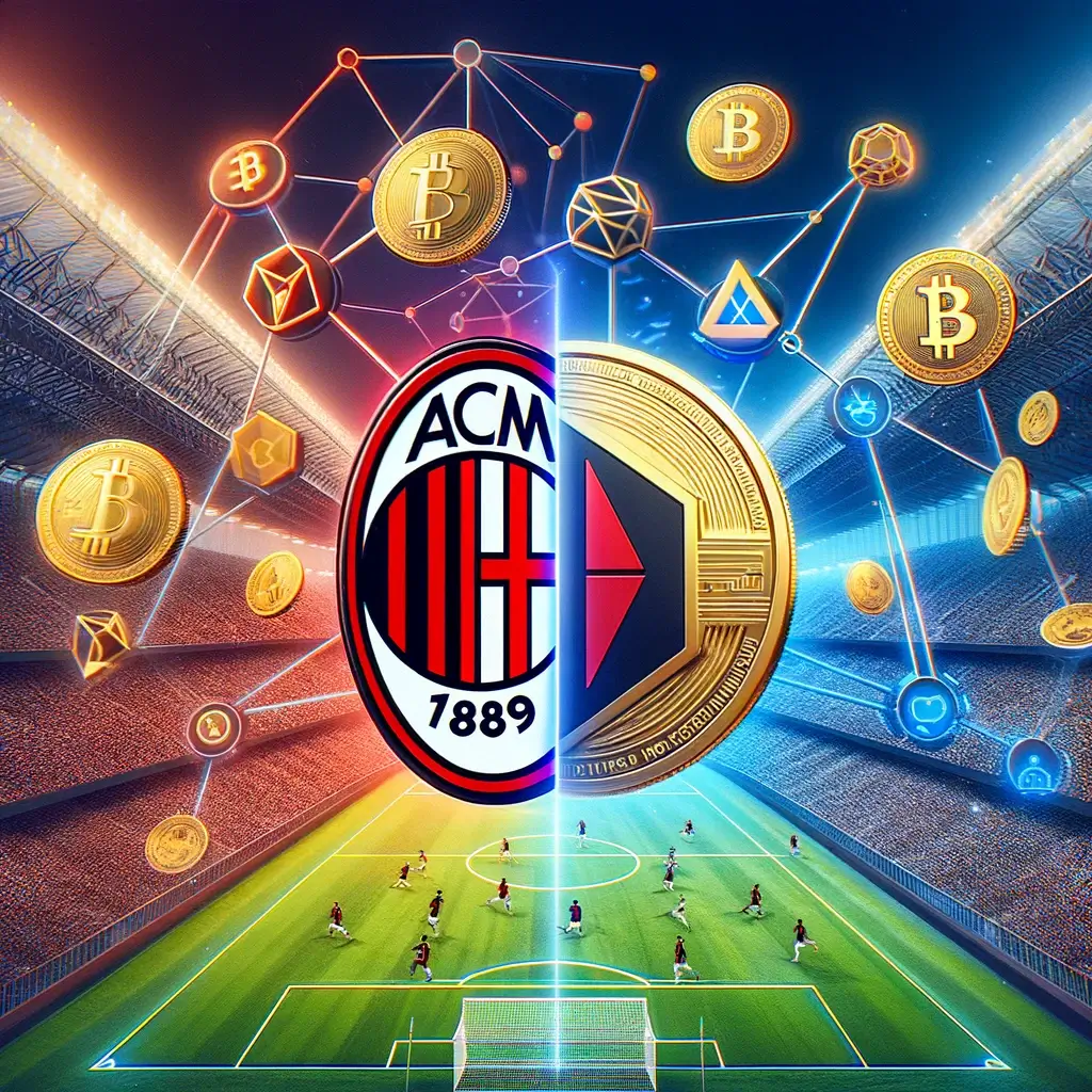 Collaboration between AC Milan and TG.Casino showcasing both logos with a football stadium and cryptocurrency symbols, emphasizing sports and technology integration.