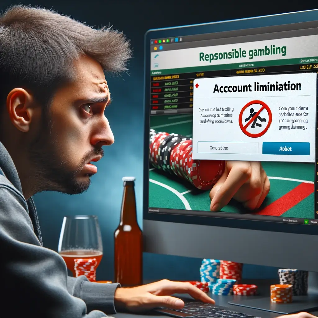 Close-up of a frustrated bettor looking at a computer screen displaying an account limitation notification from an online sportsbook.