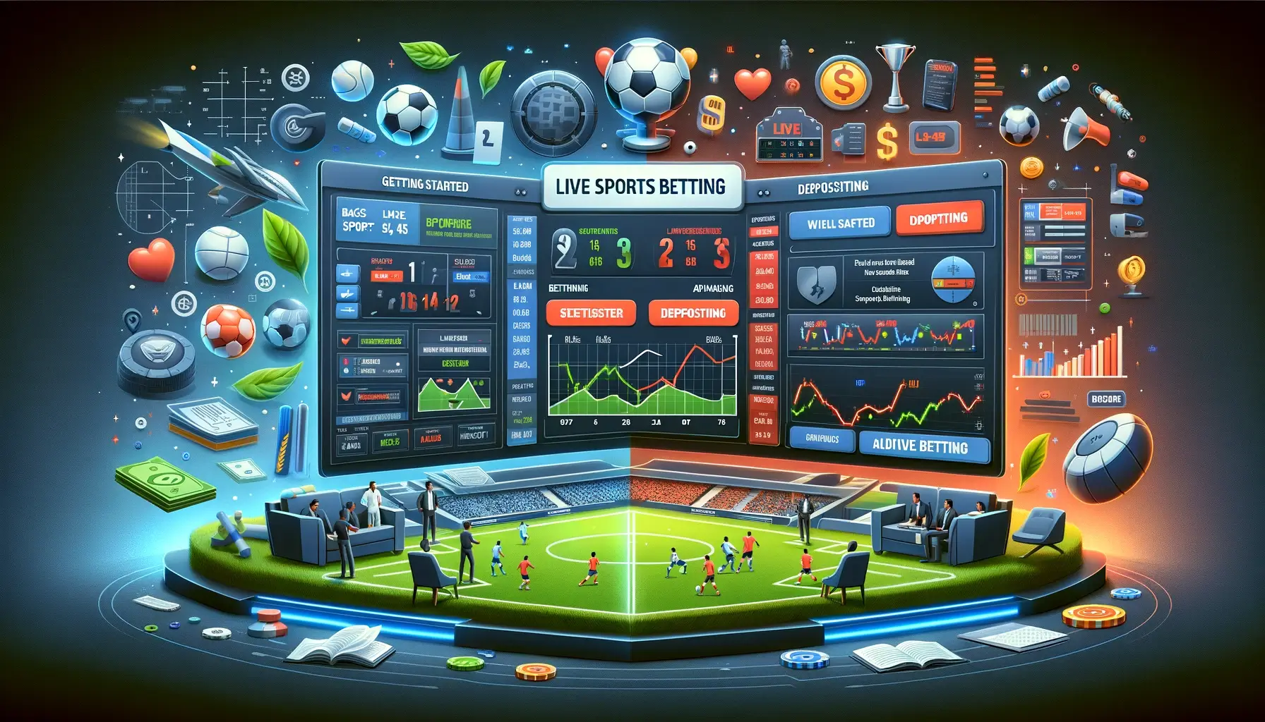 An engaging illustration of live sports betting, featuring a dynamic sports stadium with various events like soccer, basketball, and tennis. Fans in the stands are actively placing live bets on their mobile devices. A mobile phone screen displays a sports betting app with live betting options, fluctuating odds, and real-time data updates, capturing the excitement and energy of live sports betting.