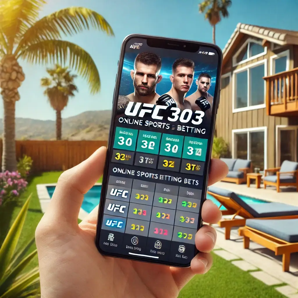 Close-up of a mobile phone displaying a sports betting app with UFC 303 betting options, set against a sunny Californian backyard with a palm tree.