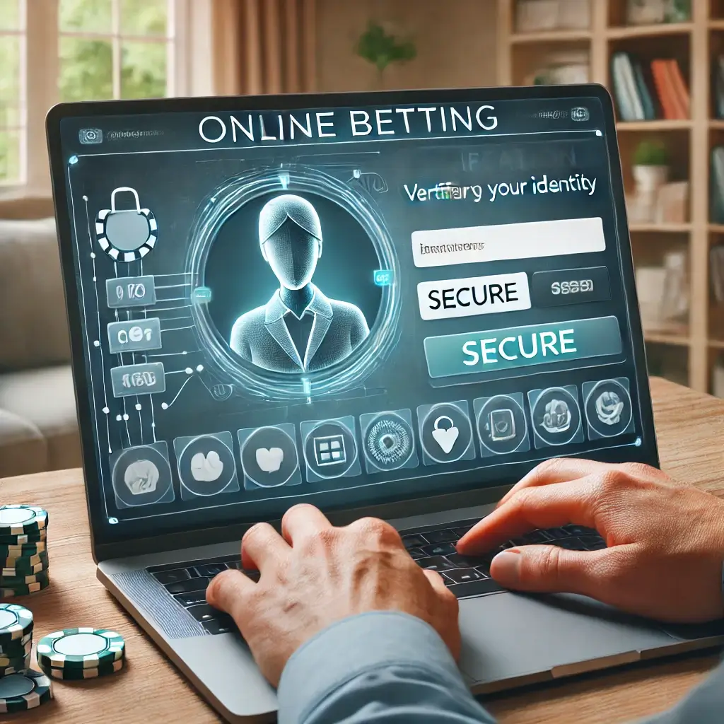 Person using a laptop to research legal online betting sites, displaying a licensed and secure betting site with certification badges. Background includes a well-lit, organized home office.