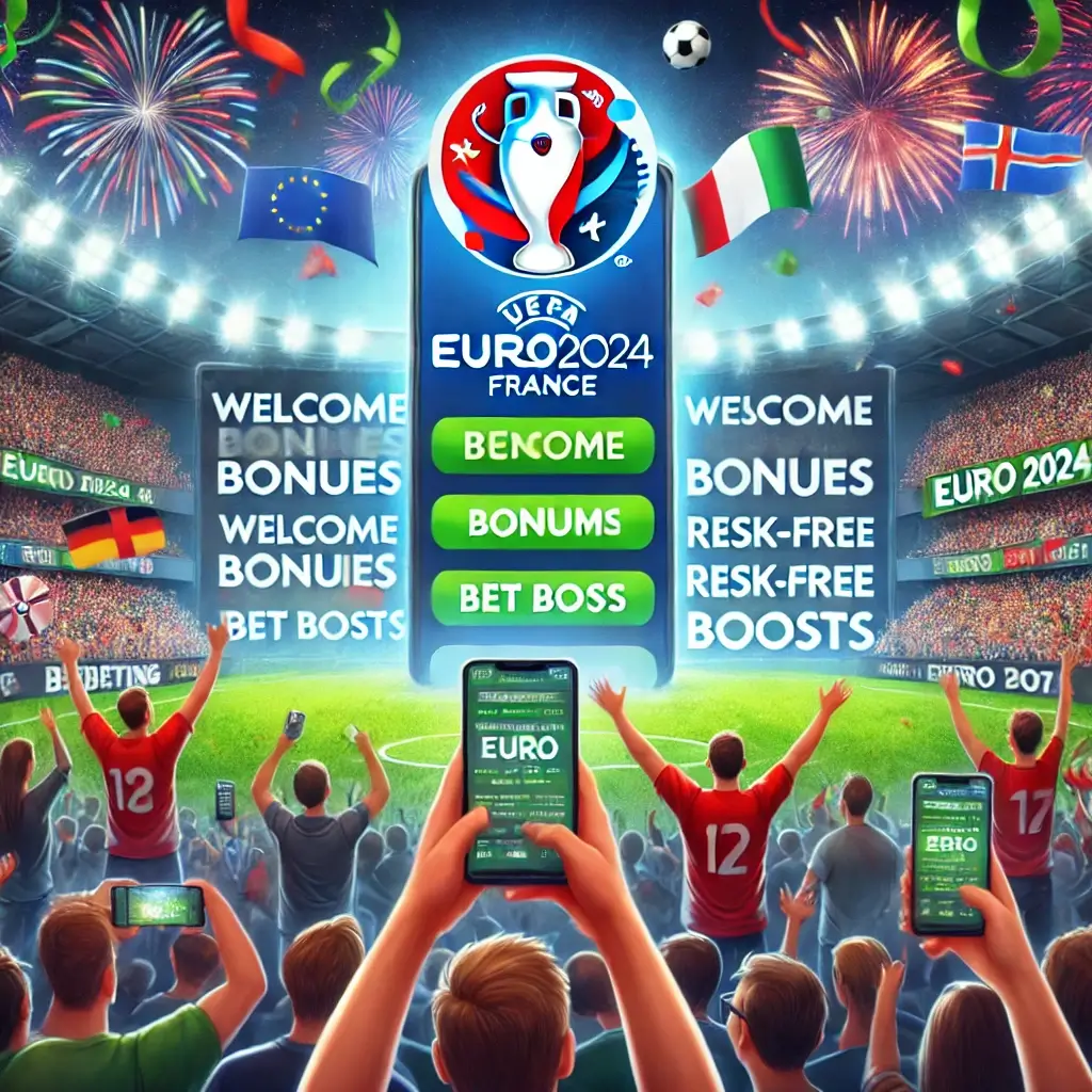 Sports betting enthusiasts celebrating while watching Euro 2024 matches on large screens. Bettors are placing bets on their mobile devices, highlighting various betting promotions such as welcome bonuses, risk-free bets, and bet boosts. The atmosphere is lively with fans cheering for their favorite teams.