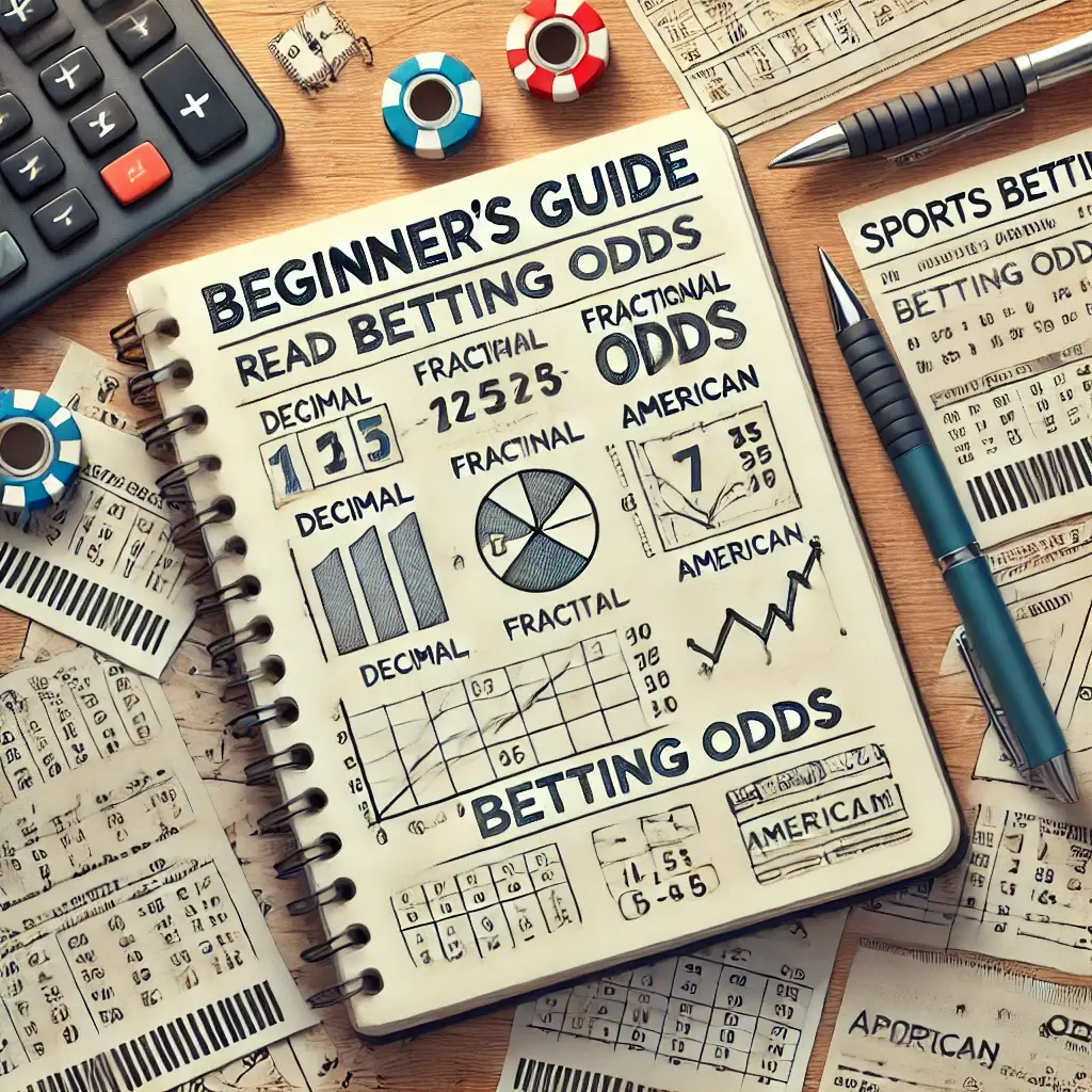 A beginner's guide illustration showing how to read and calculate betting odds on a notepad, surrounded by items like a calculator, pen, and sports betting tickets.