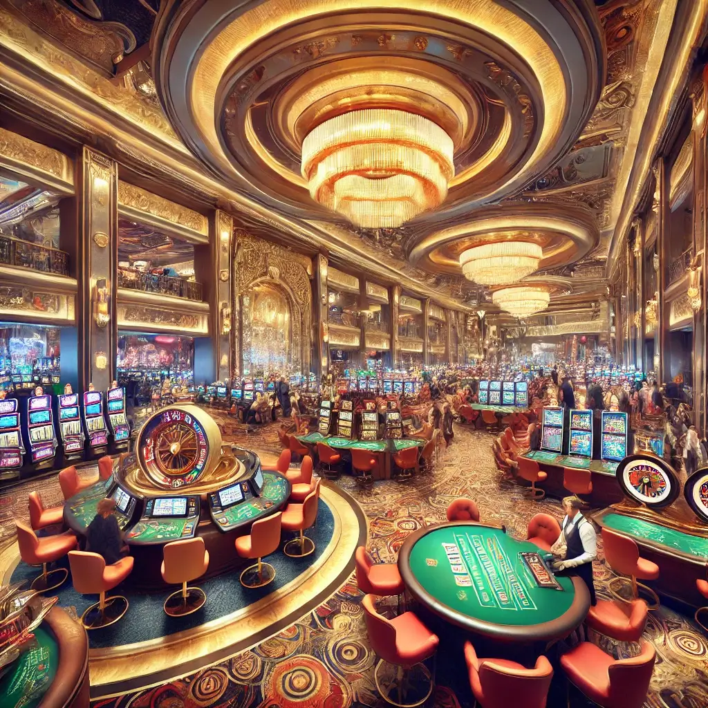 Interior of a luxurious casino in Macau with vibrant gaming floor, slot machines, poker tables, and roulette wheels.