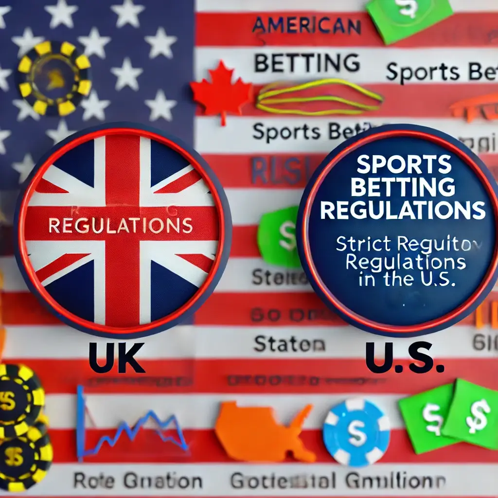 American sports betting regulations comparing UK's strict regulatory framework with varied state regulations in the U.S. with symbols of gambling and regulation.