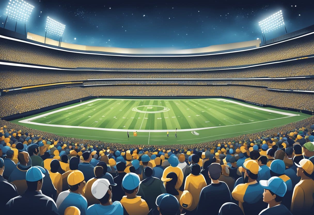 A packed stadium with cheering fans, team logos and colors, and banners displaying the concept of home field advantage