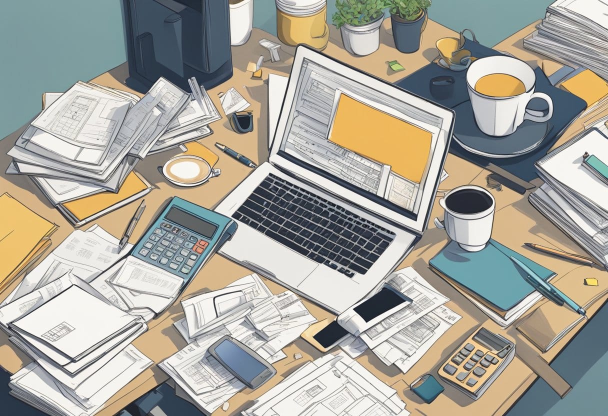 A cluttered desk with scattered papers, a calculator, and a laptop. A mug of coffee sits next to a stack of books titled "The Art of Middling"